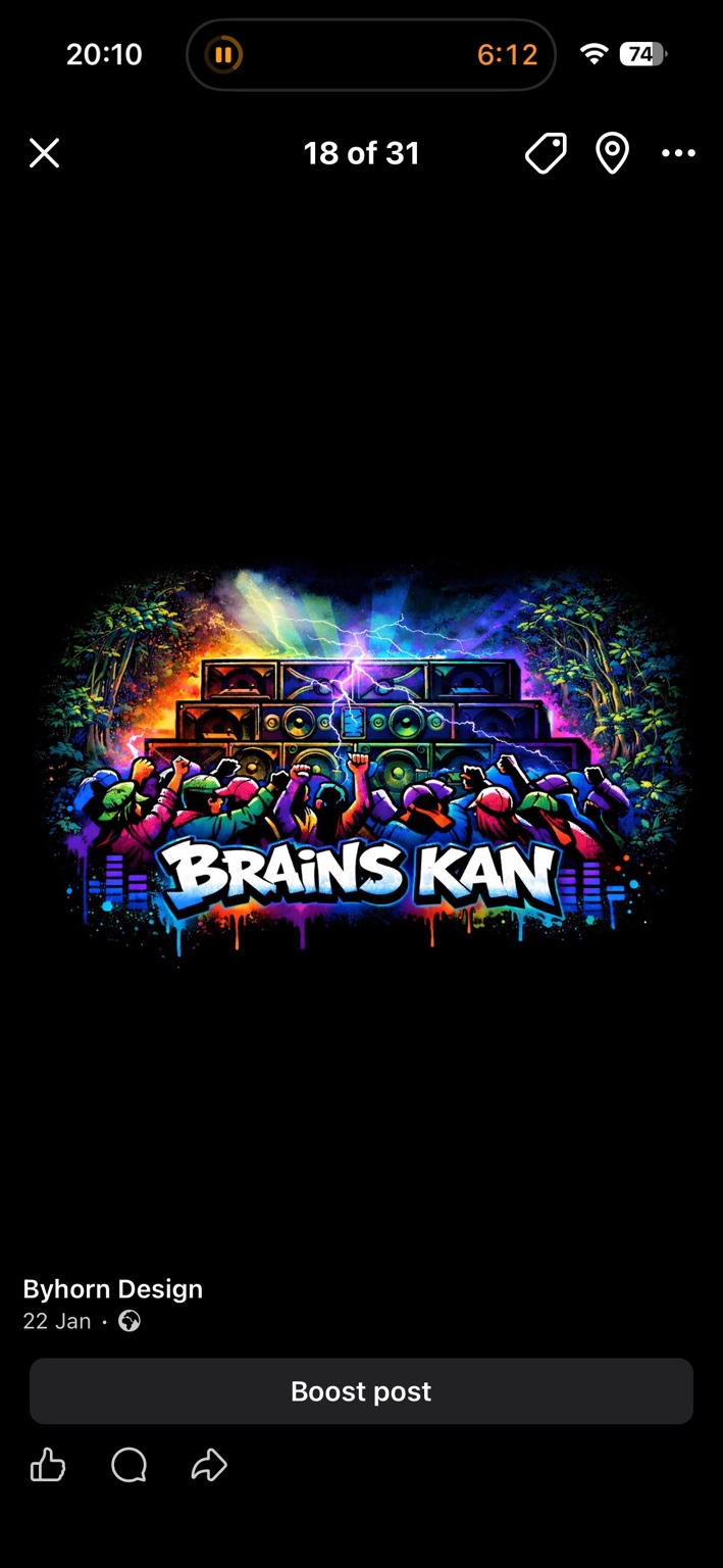 Colourful Brainskan artwork with a sound system, crowd and electric rainbow lighting