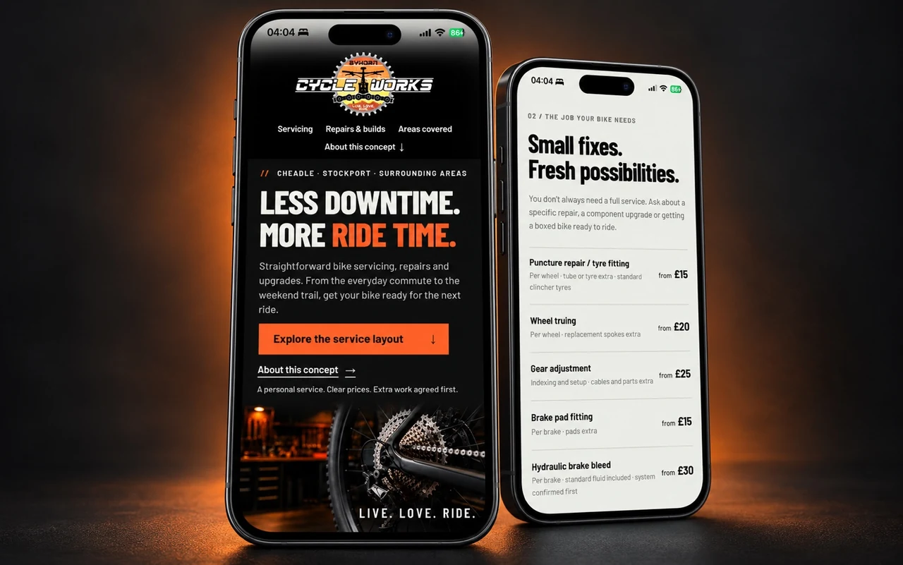 Approved Cycle Works website concept with two mobile page layouts