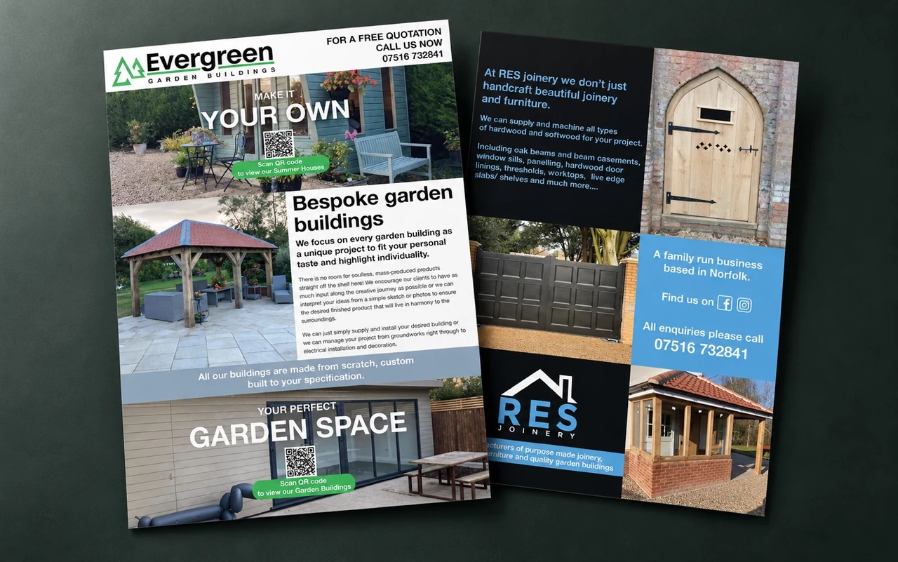 Approved Evergreen and RES Joinery promotional flyer showing both businesses