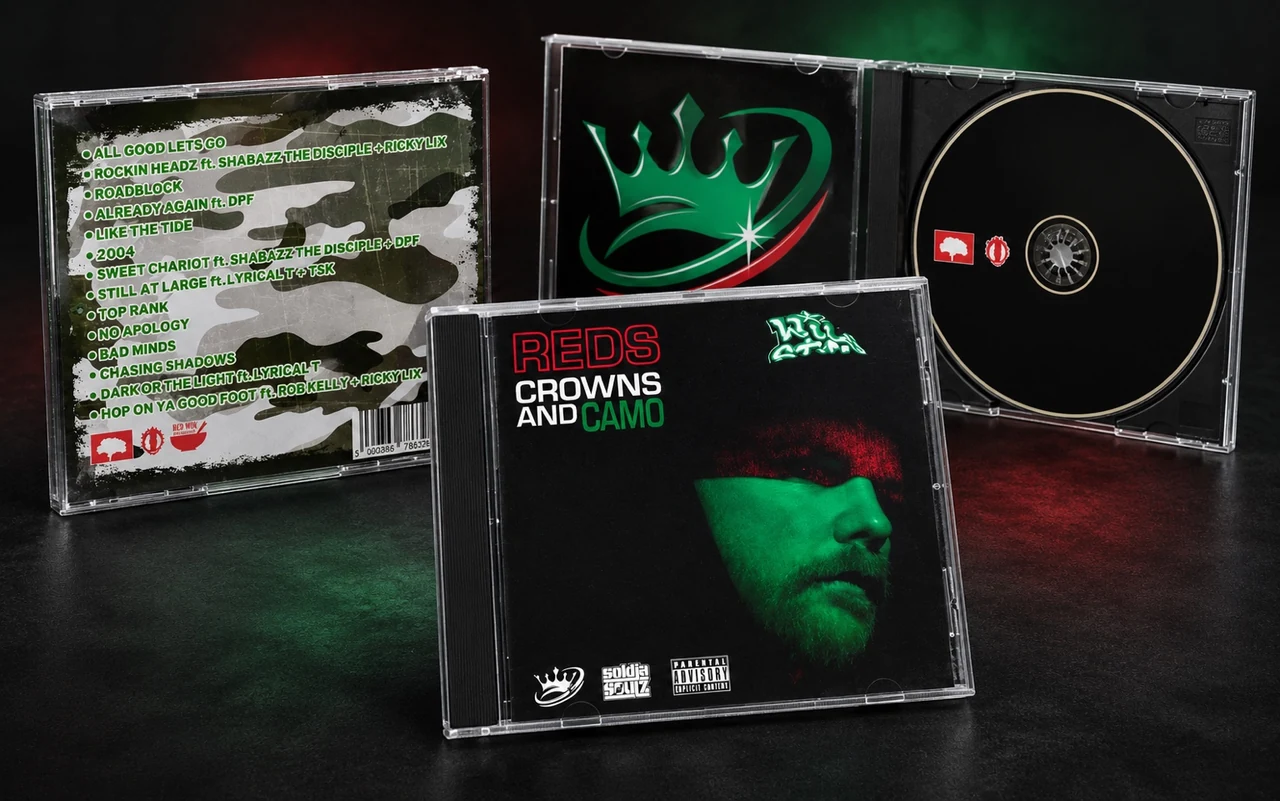 Reds Crowns and Camo physical CD packaging showing final front cover, rear artwork, interior crown graphic and printed disc.