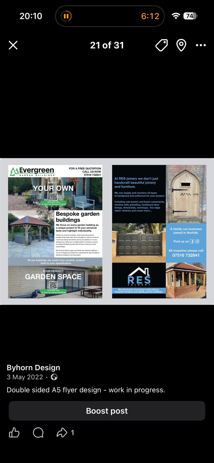 Double-sided flyer layout for Evergreen Garden Buildings and RES Joinery