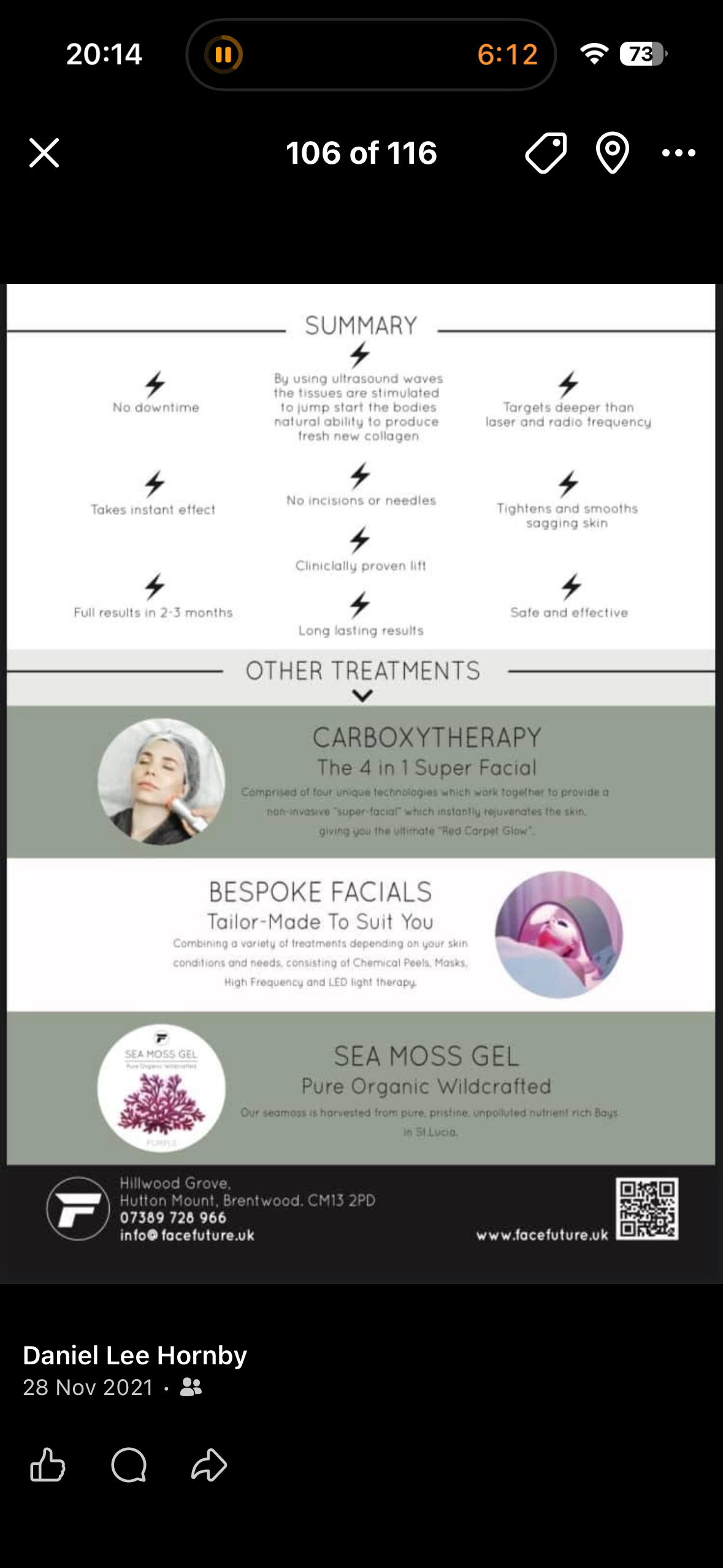 Reverse of the archived Face Future flyer with treatment information, circular photographs and contact details