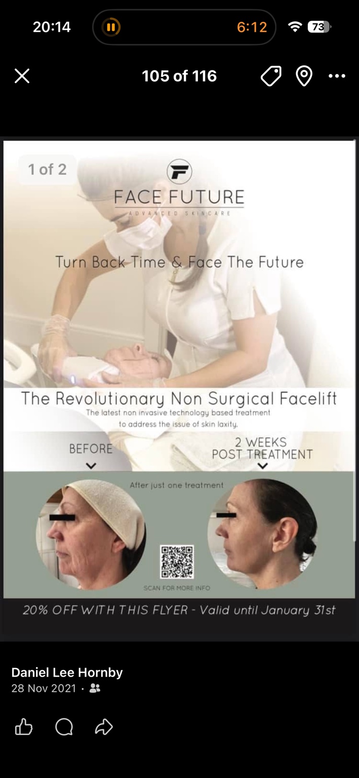 Front of the archived Face Future skincare promotional flyer, using muted green, cream and treatment photography