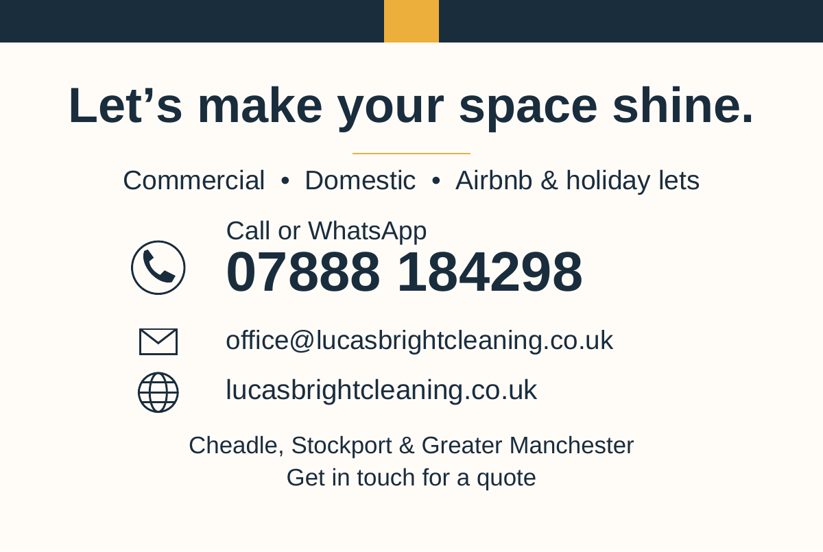 Matching ivory business card reverse with contact information and Greater Manchester coverage