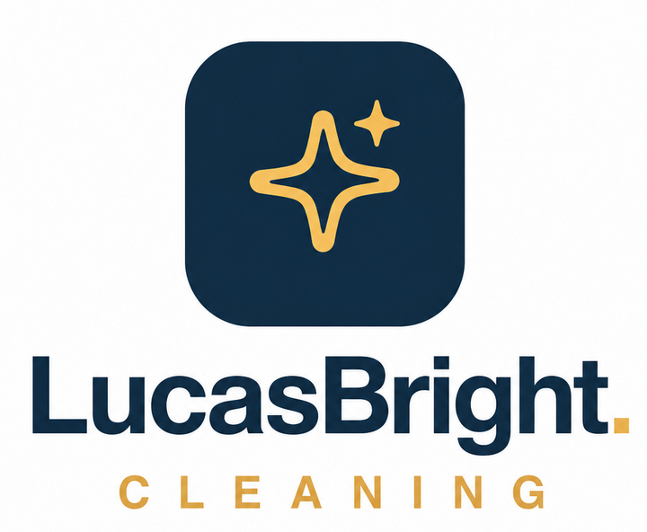 LucasBright Cleaning logo: gold sparkle mark and navy lettering