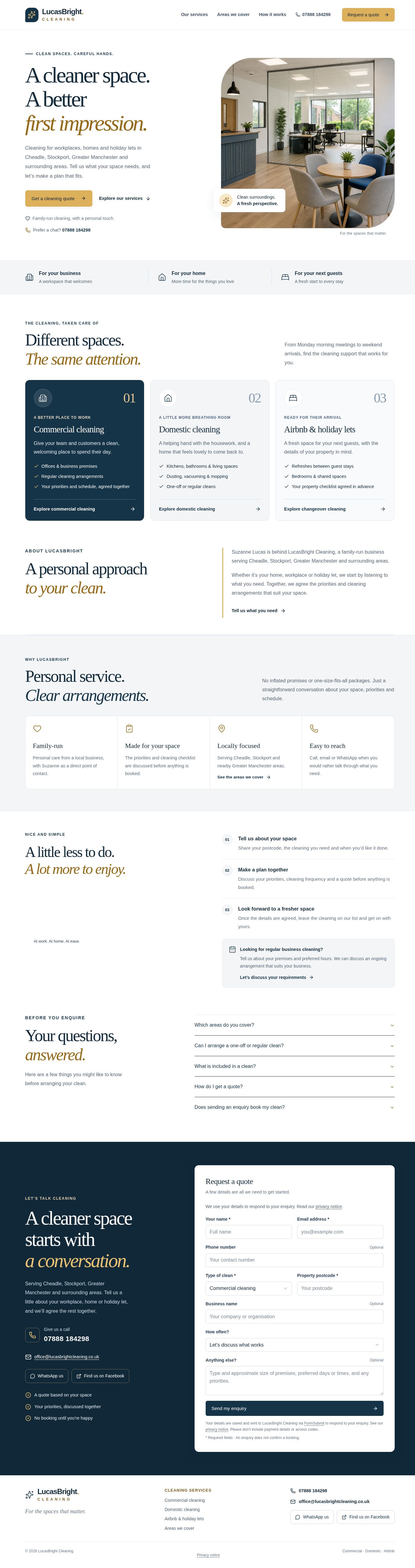LucasBright Cleaning website with its navy-and-gold identity and service introduction