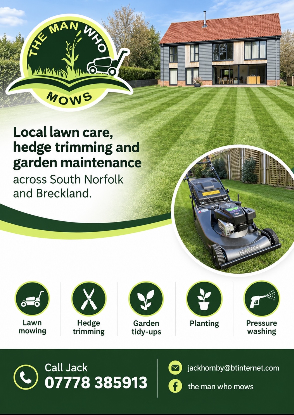 The original Man Who Mows A5 flyer designed by Daniel Hornby