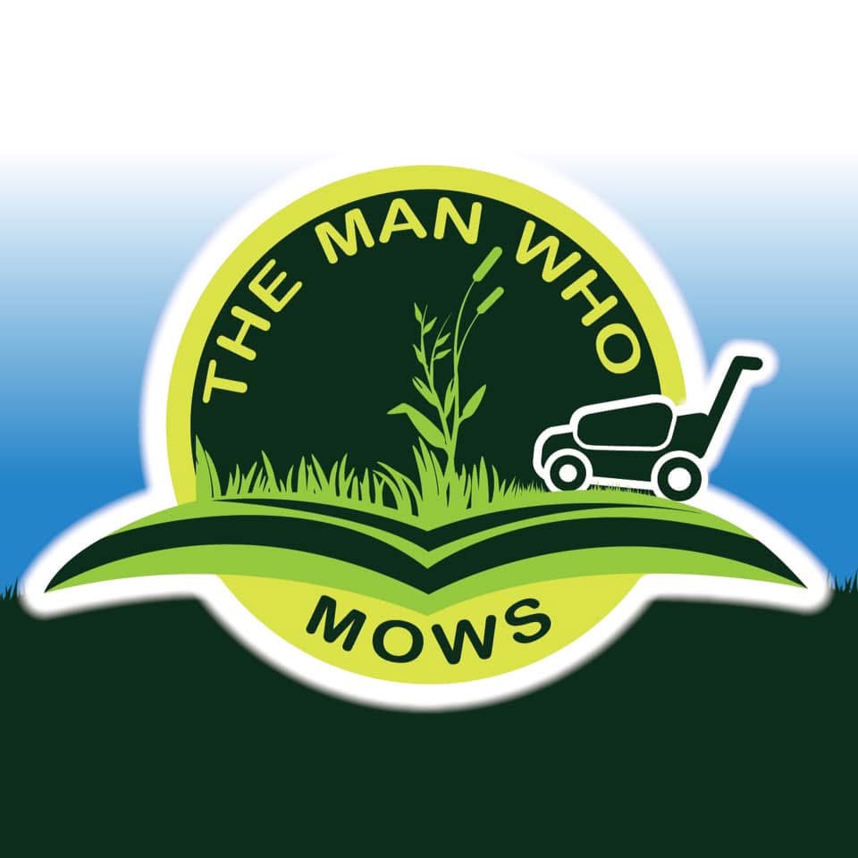 Green and yellow The Man Who Mows gardening logo designed by Daniel Hornby
