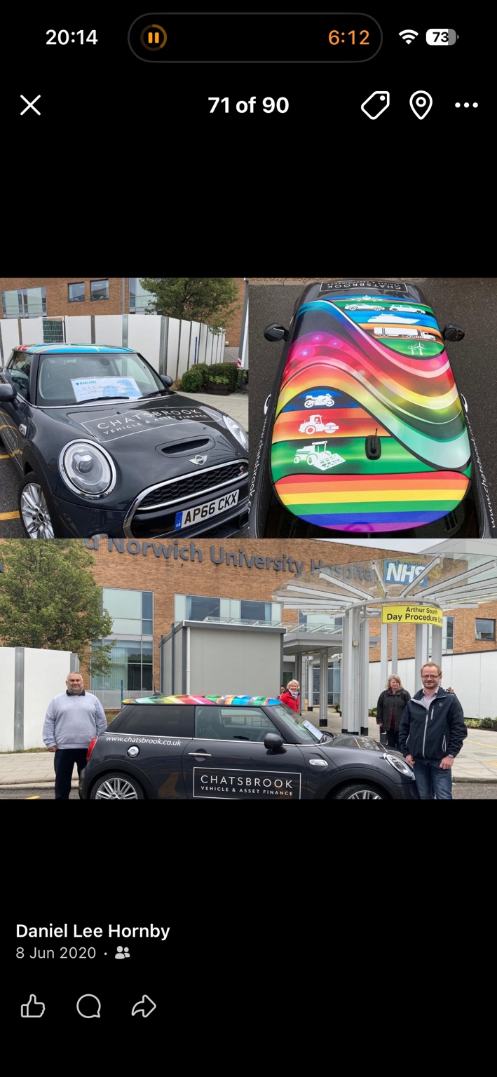 Rainbow roof artwork on a Chatsbrook MINI, with photographs outside Norfolk and Norwich University Hospital