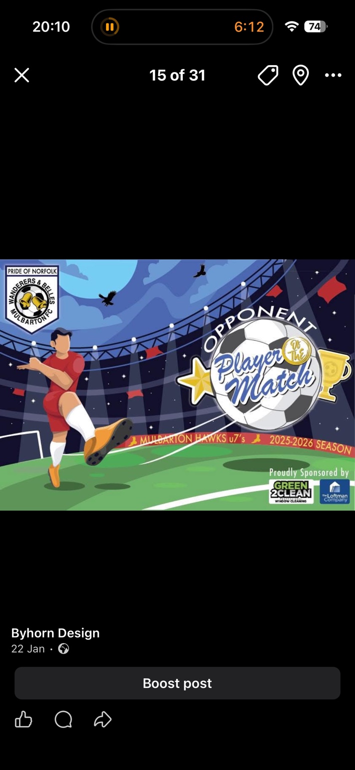 Mulbarton Hawks under-7s opponent player of the match artwork, with an illustrated footballer, stadium and sponsor logos