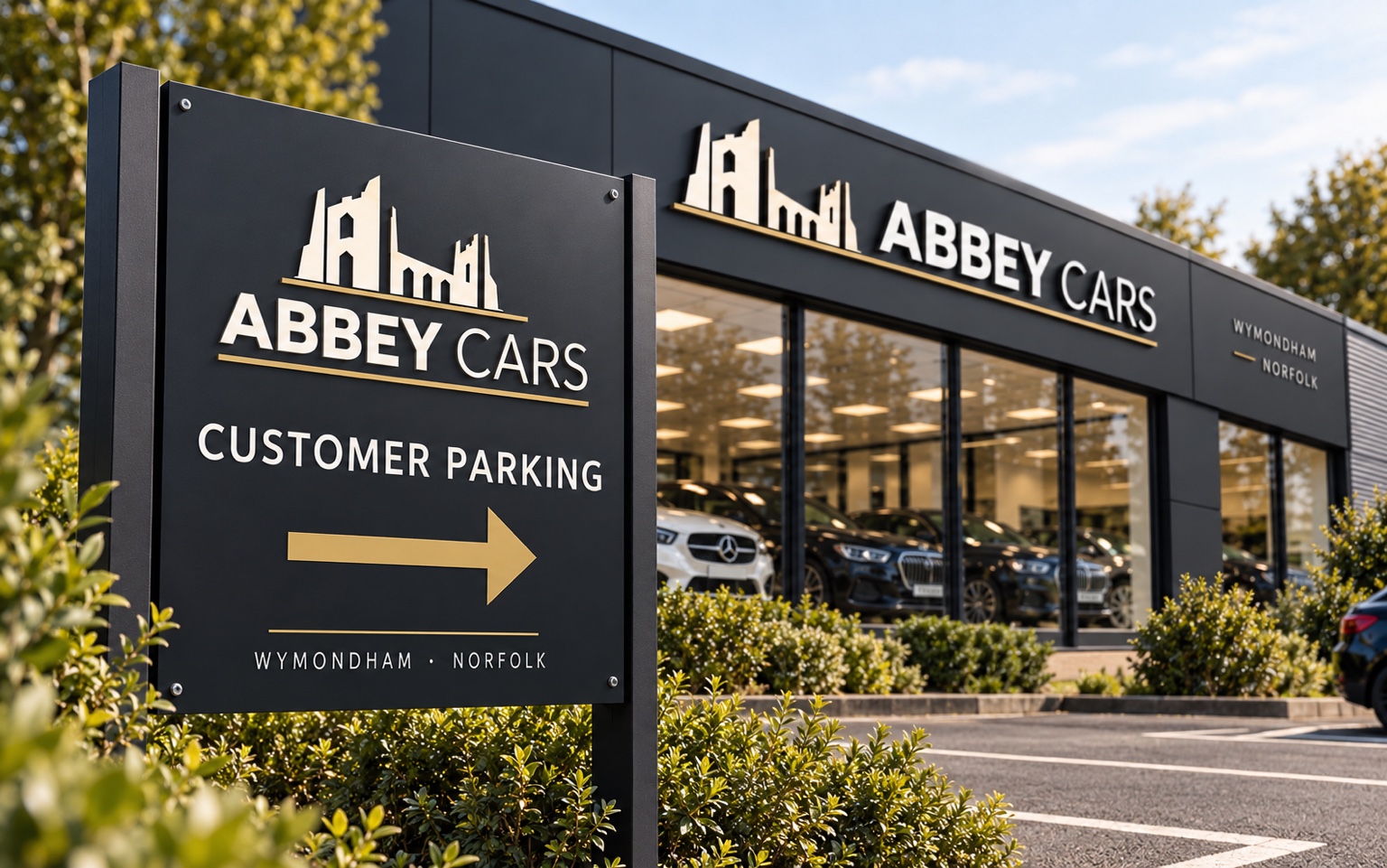 Abbey Cars contemporary brand concept on forecourt and parking signs