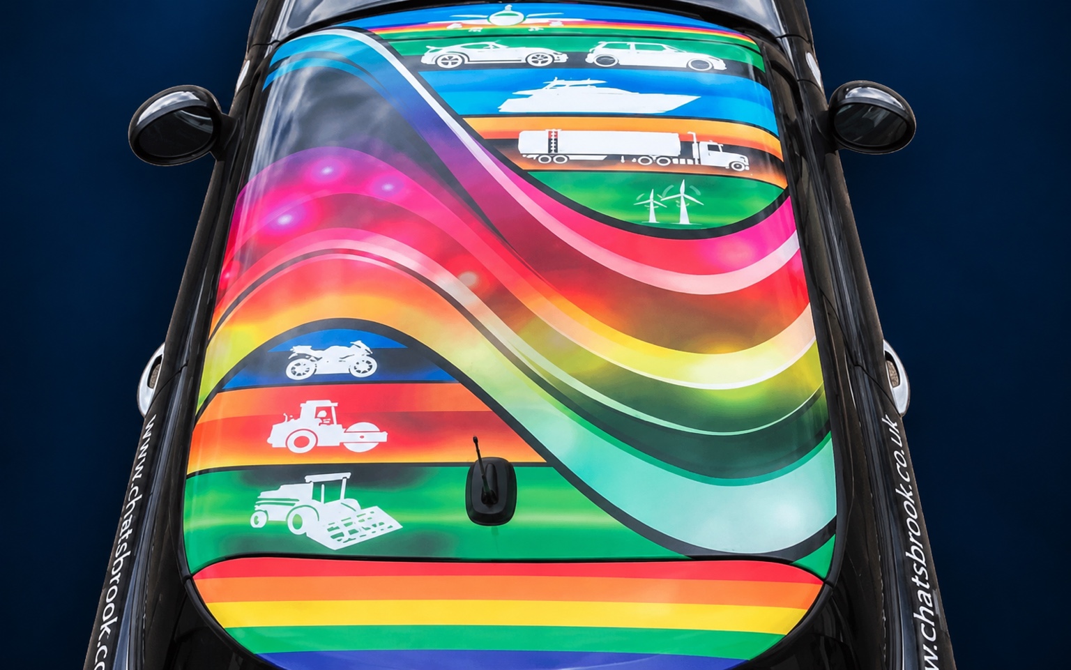 Genuine Chatsbrook MINI roof artwork shown on the installed vehicle