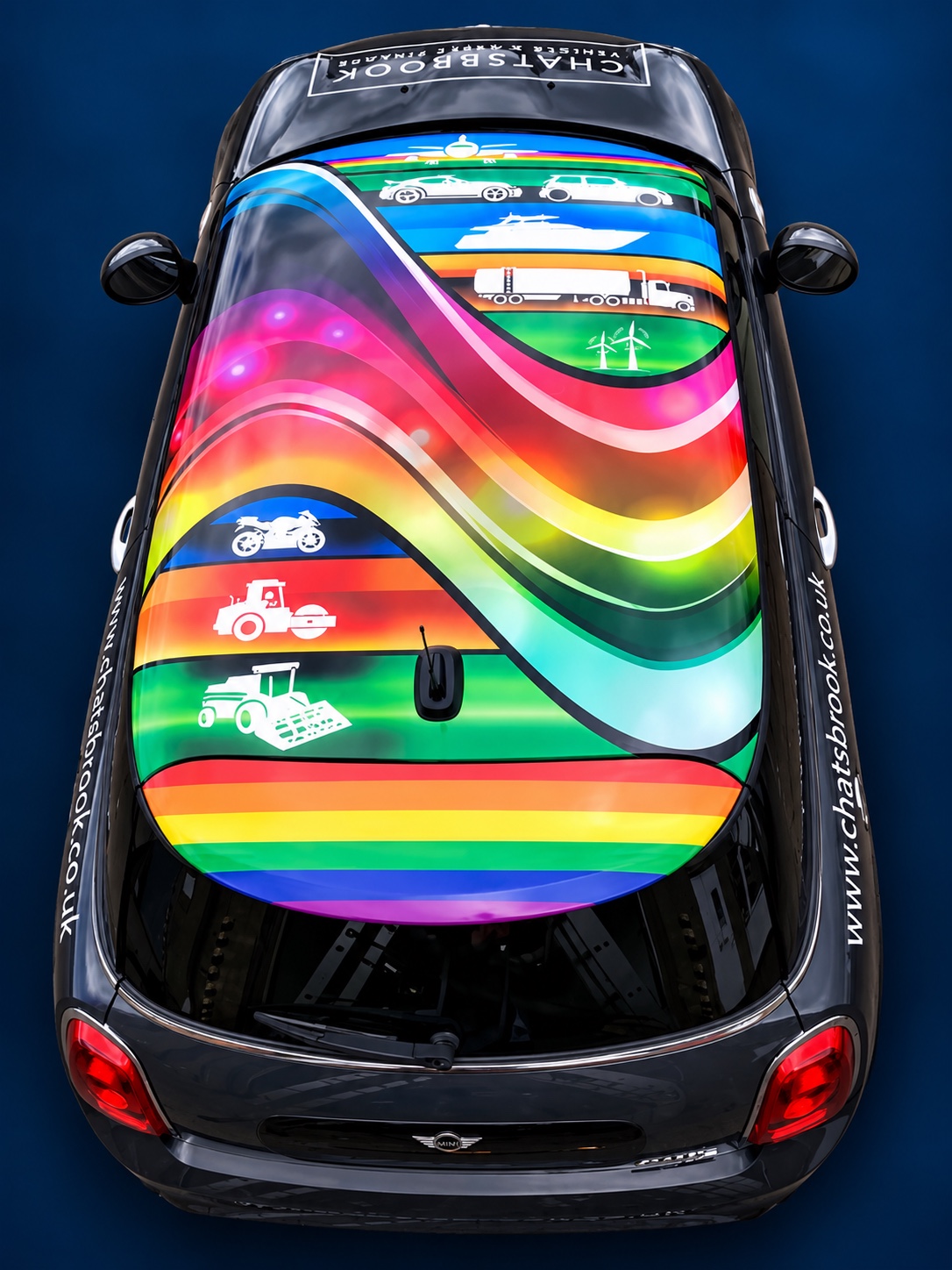 Full overhead photograph of the Chatsbrook MINI showing the complete competition-winning roof artwork