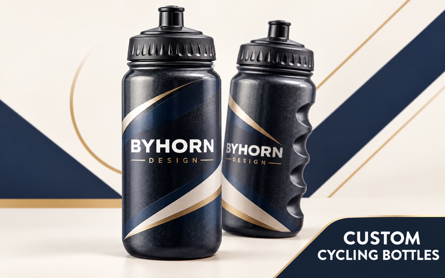 Byhorn custom printed cycling bottles with squeezable black bodies and finger grips