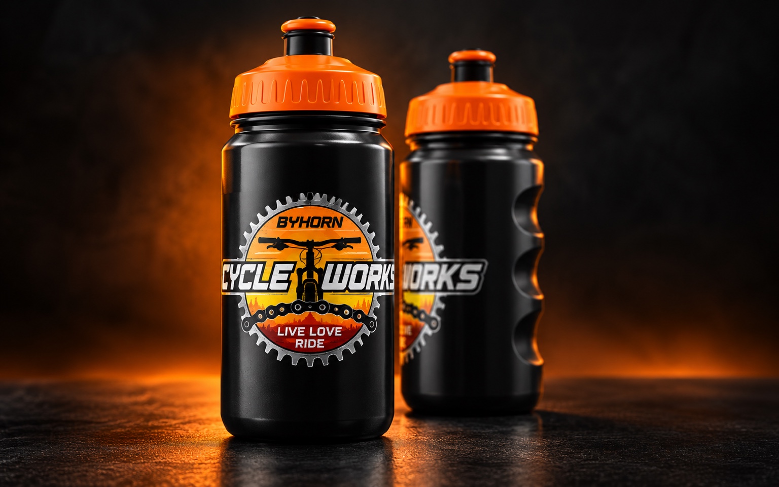 Cycle Works branded cycling-bottle concept with black bottle and orange lid