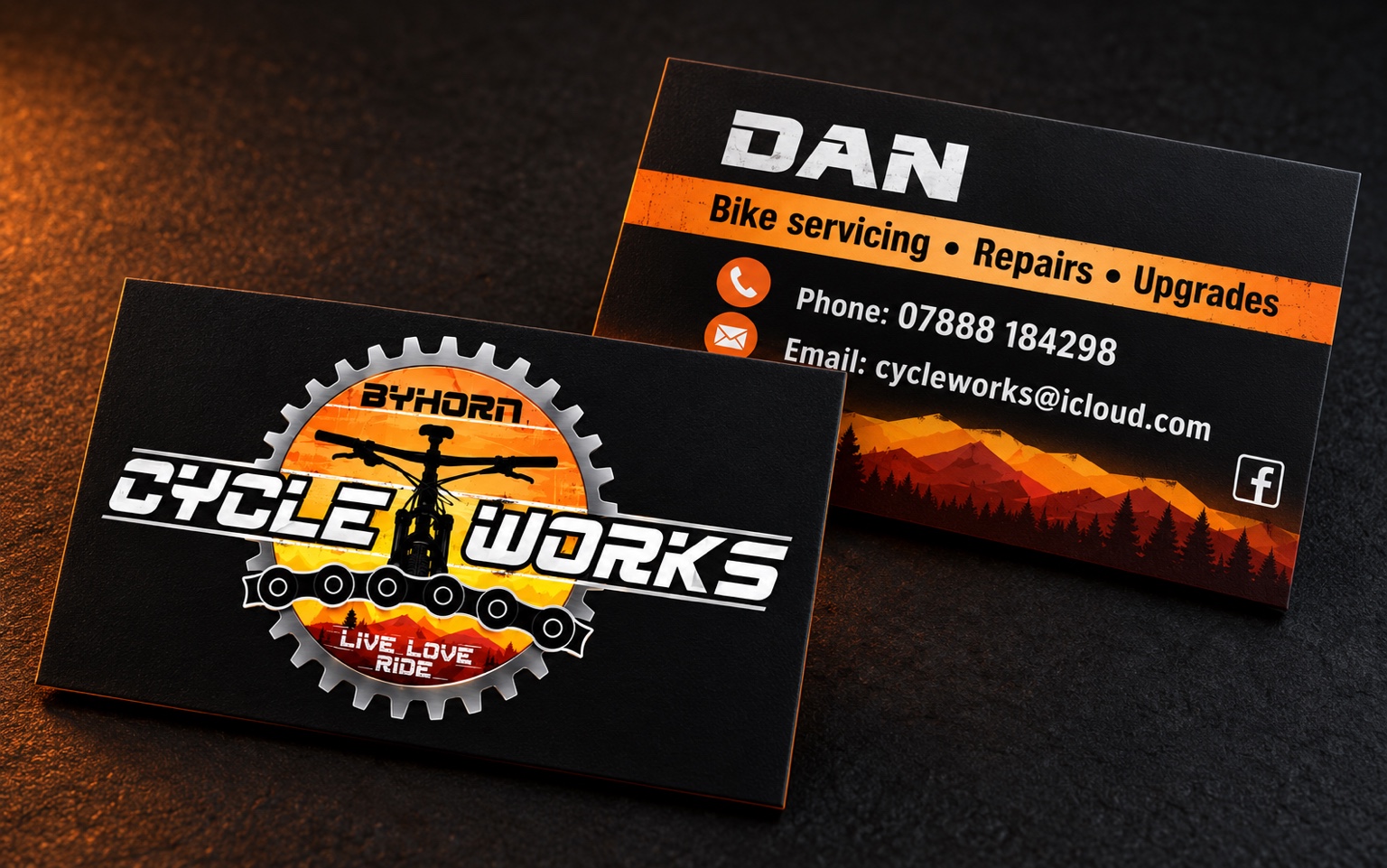 Cycle Works business-card application concept showing branded front and service contact reverse