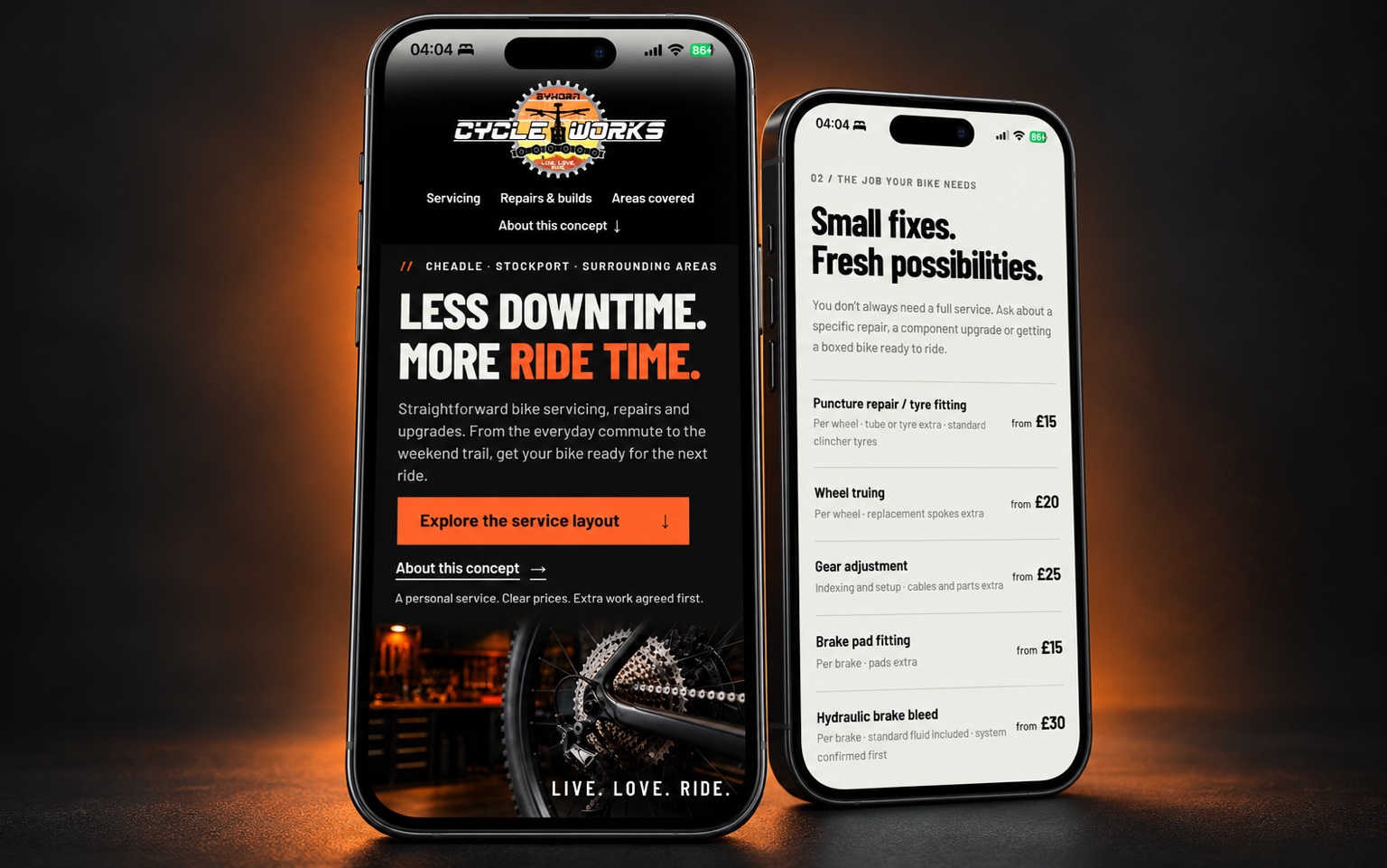 Approved Cycle Works website concept with two mobile page layouts