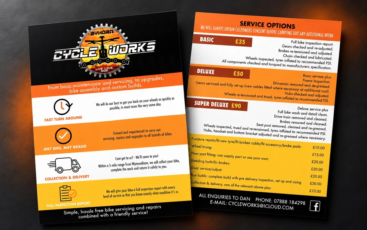 Cycle Works two-sided service flyer concept showing service information and example pricing