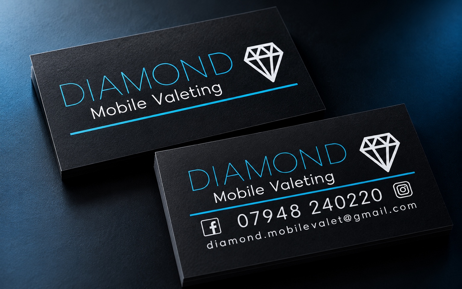 Diamond Mobile Valeting black, white and cyan-blue business-card application concept