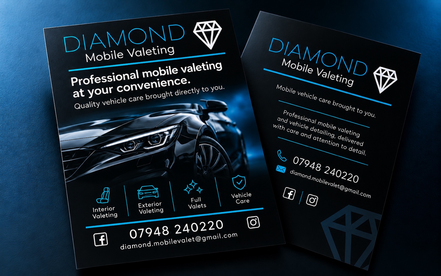 Diamond Mobile Valeting A5 promotional flyer application concept with front and reverse