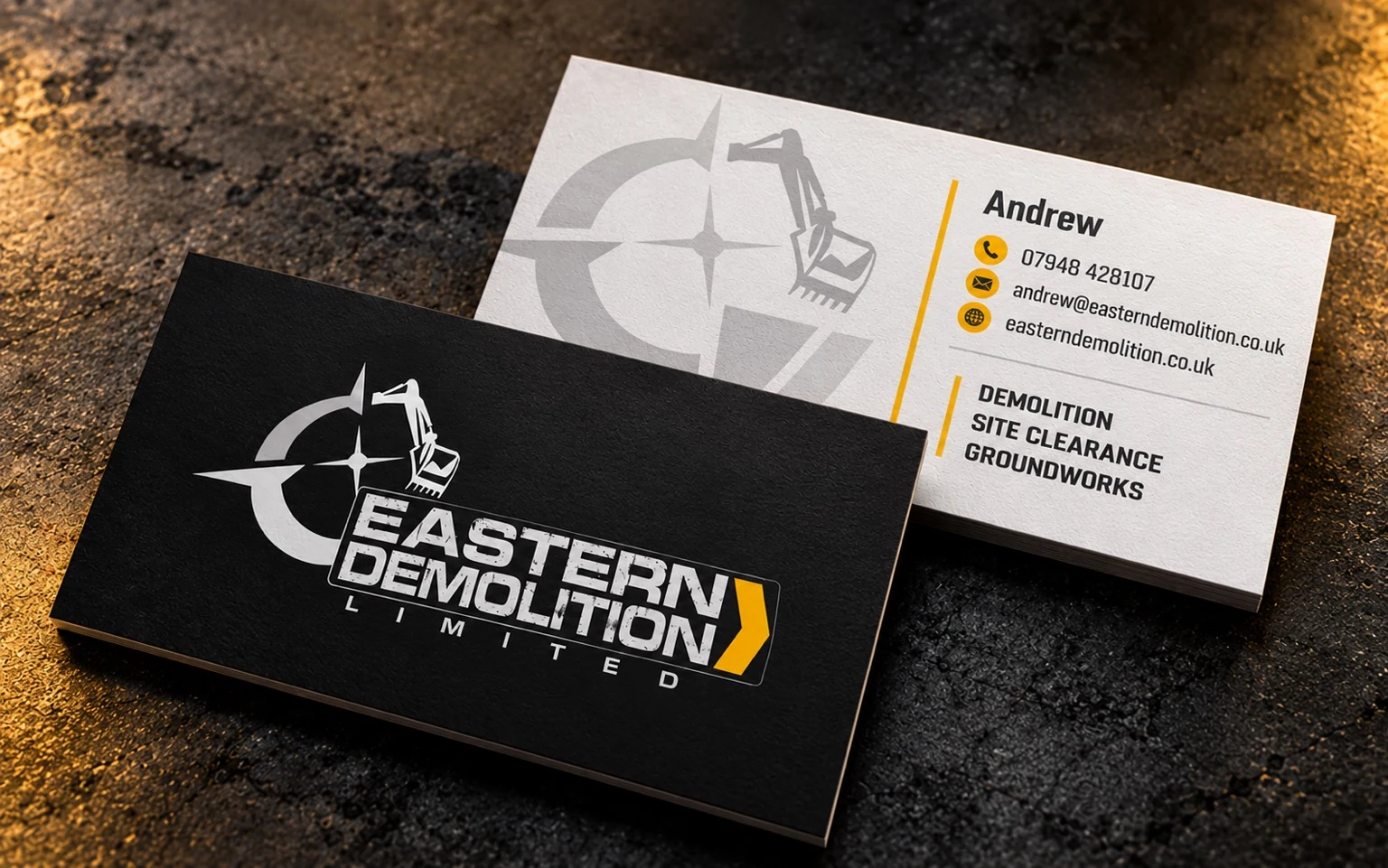 Eastern Demolition front and back business-card presentation with Andrew contact details