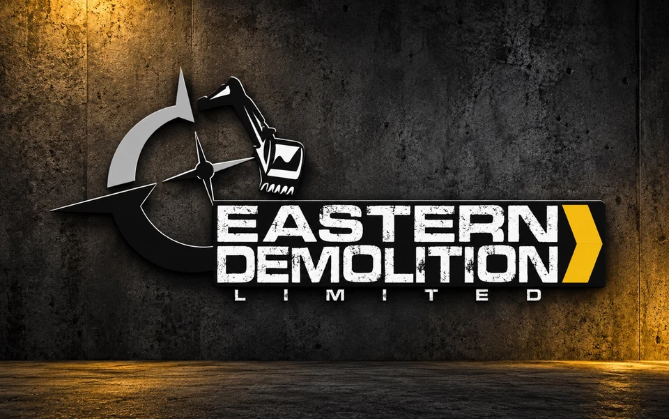 Eastern Demolition identity on its approved distressed industrial background