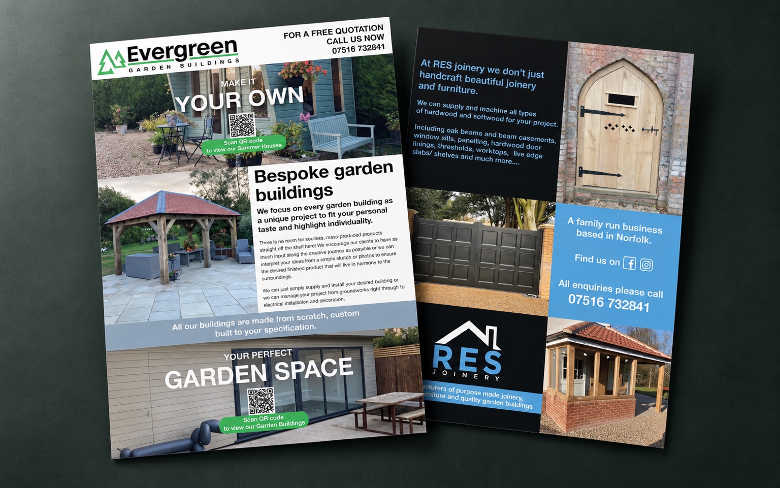 Approved Evergreen and RES Joinery promotional flyer showing both businesses