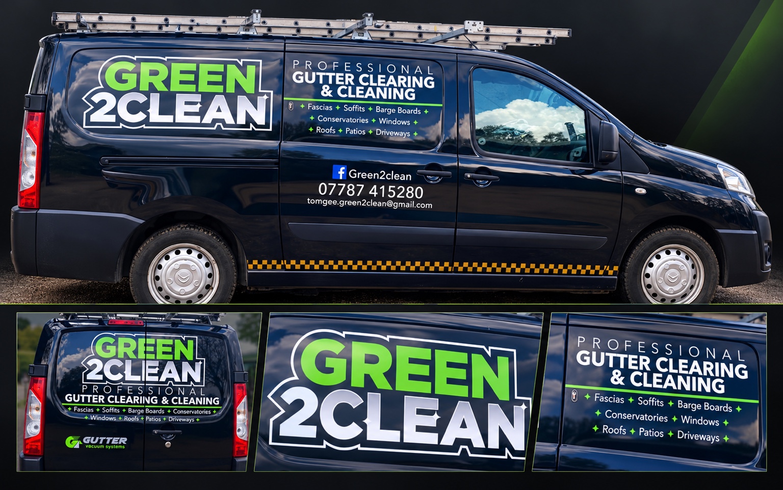 Approved Green2Clean vehicle graphics presentation showing side and rear designs on the working van