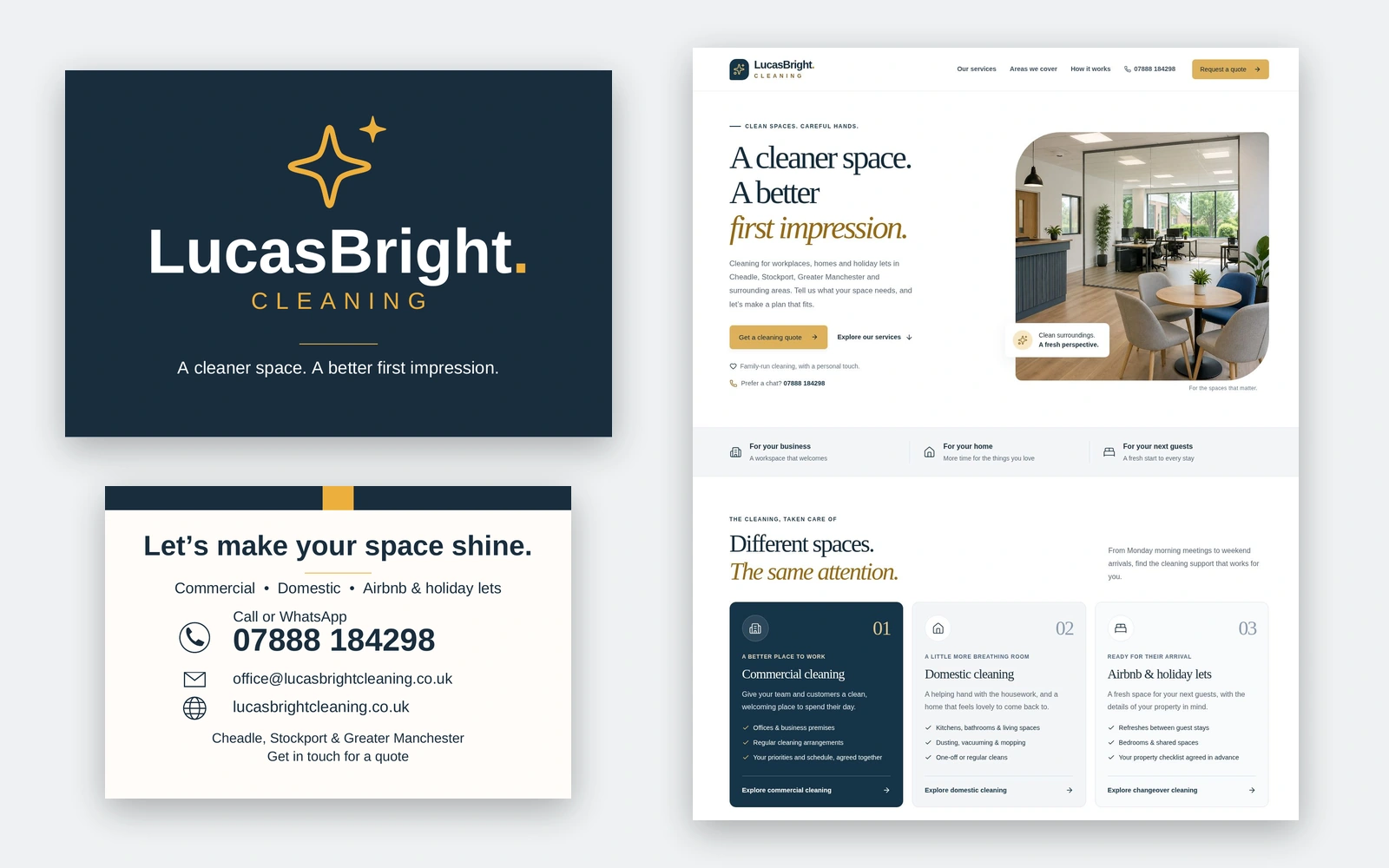 LucasBright identity and business-card artwork alongside its live website screenshot