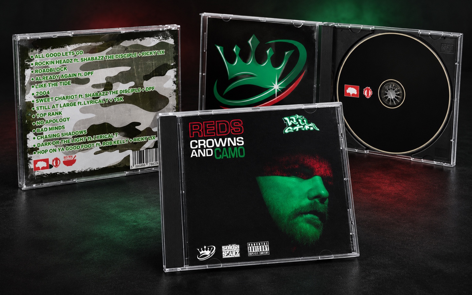 Reds Crowns and Camo physical CD packaging showing final front cover, rear artwork, interior crown graphic and printed disc.