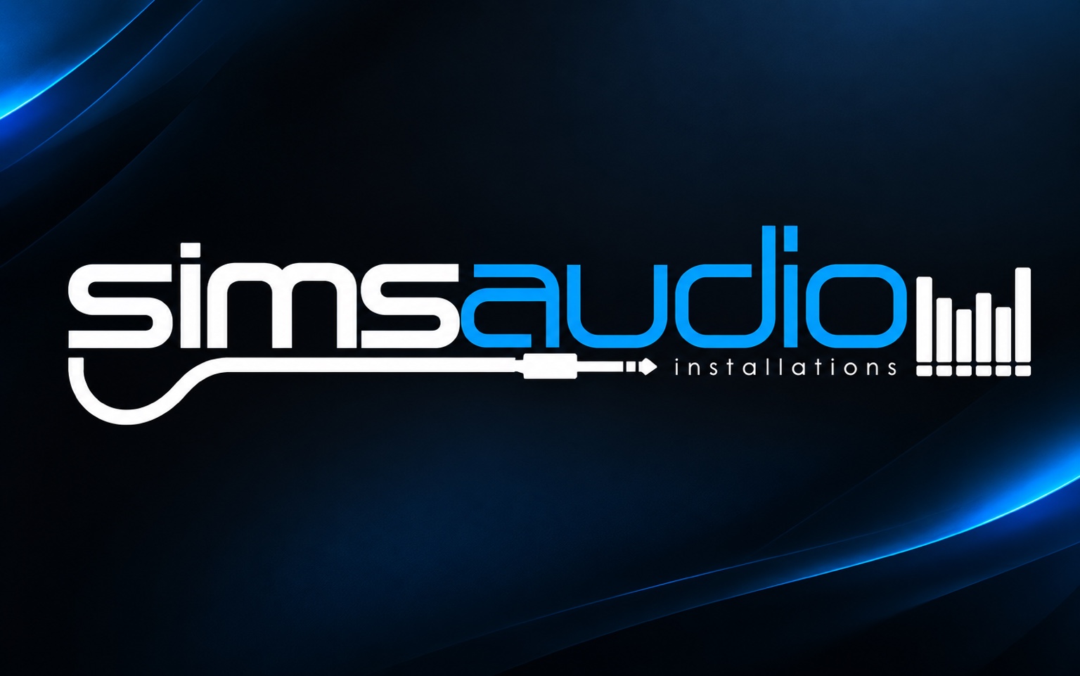 Sims Audio logo design with cable, connector and equaliser details in white and cyan blue