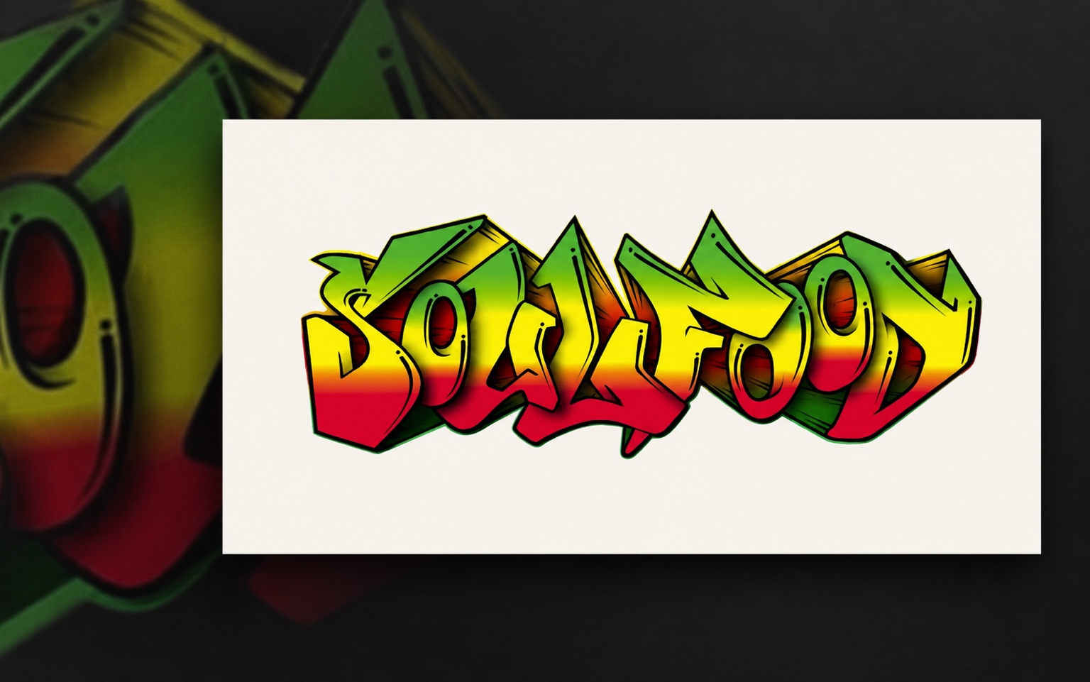 Soul Food graffiti-style identity in red, yellow and green presented on a clean dark portfolio background.