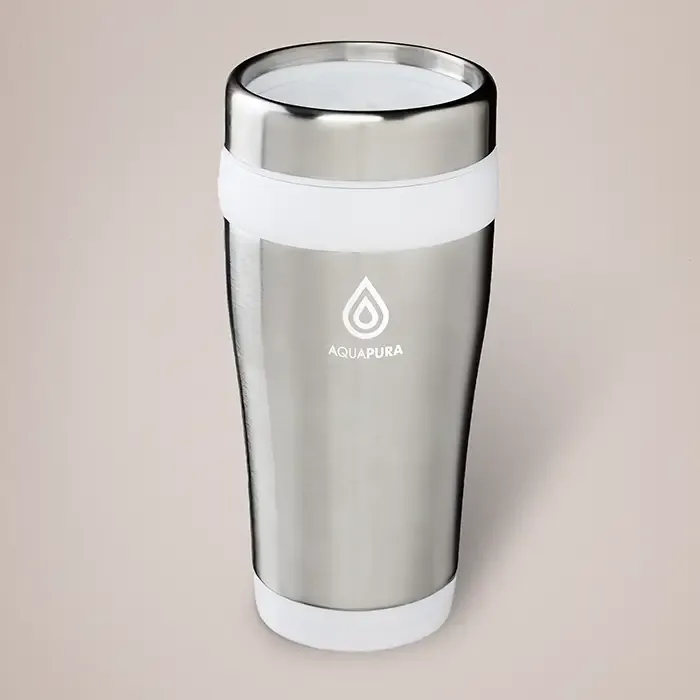 Supplier example of the silver and white Elwood 410ml travel mug; sample branding is not Byhorn client work