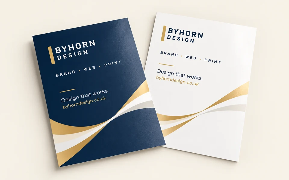 Illustrative Byhorn a5 flyers · small & large runs mockup on light cream; A5 · 148 × 210mm · 130gsm gloss · double-sided · unlaminated