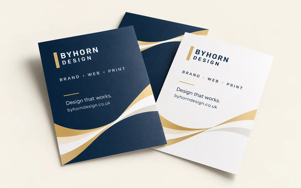 Illustrative Byhorn classic flyers mockup on light cream; A6 · 105 × 148mm · 170gsm silk · double-sided · unlaminated