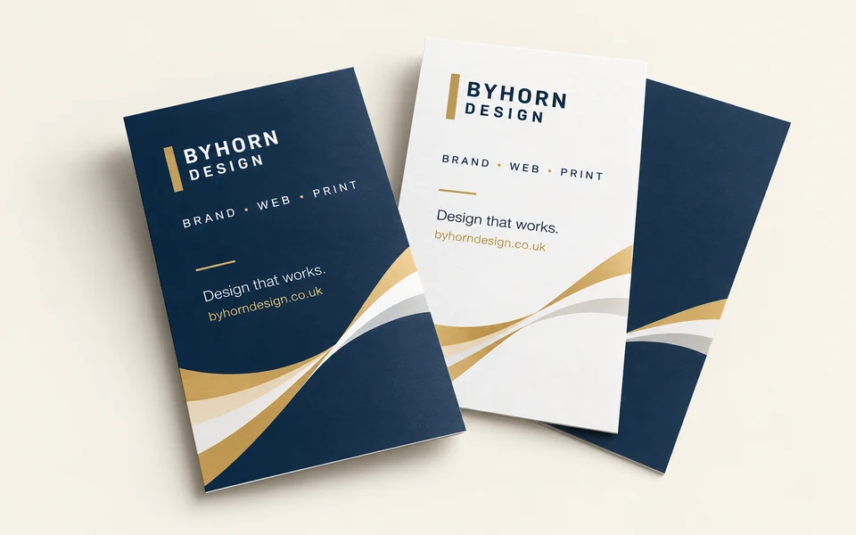 Illustrative Byhorn custom-size flyers mockup on light cream; 120 × 200mm rectangle · 170gsm silk · double-sided · unlaminated