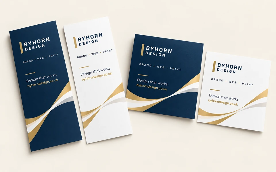 Illustrative Byhorn dl & square flyers mockup on light cream; DL 99 × 210mm on 130gsm gloss; 148mm square on 170gsm silk · both double-sided and unlaminated