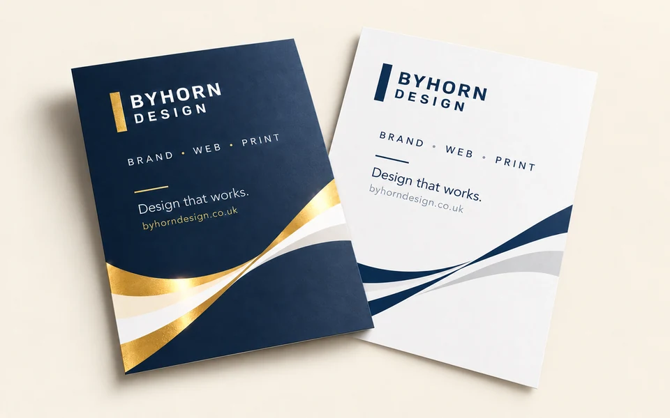 Illustrative Byhorn metallic foil flyers mockup on light cream; A5 · 350gsm silk · double-sided print · gold foil on front · soft-touch both sides