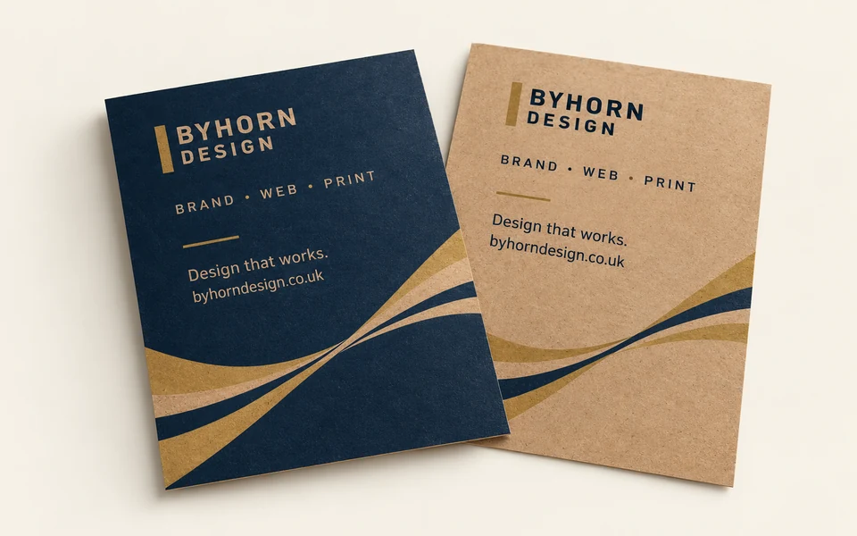 Illustrative Byhorn kraft flyers mockup on light cream; A5 · 300gsm brown kraft · double-sided · no white ink or lamination