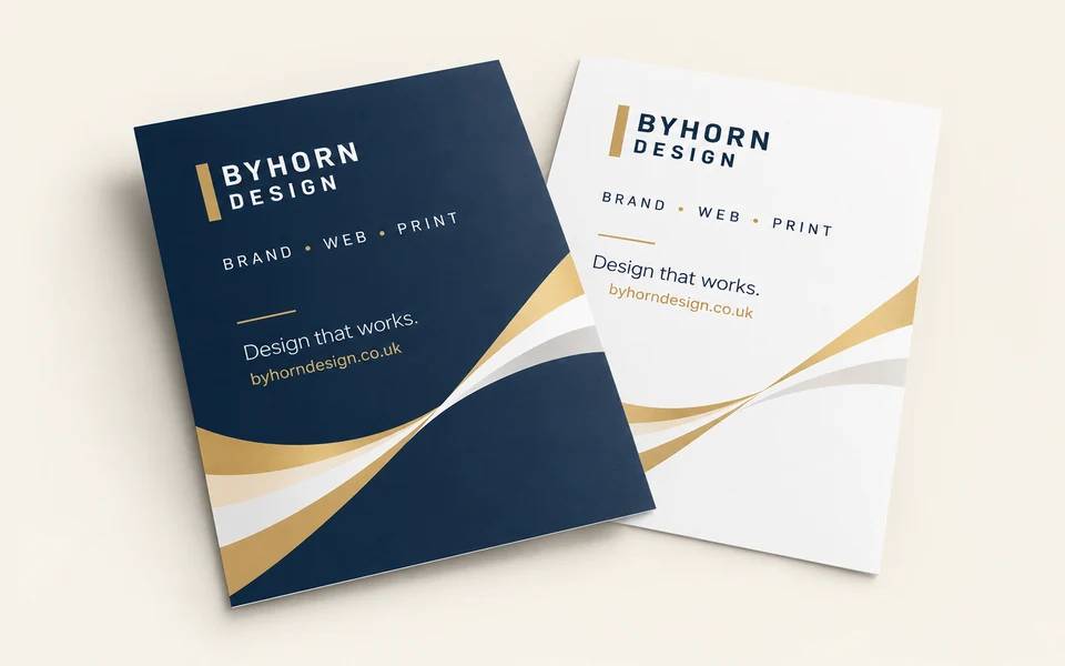 Illustrative Byhorn laminated flyers mockup on light cream; A5 · 350gsm silk · double-sided · matt lamination both sides