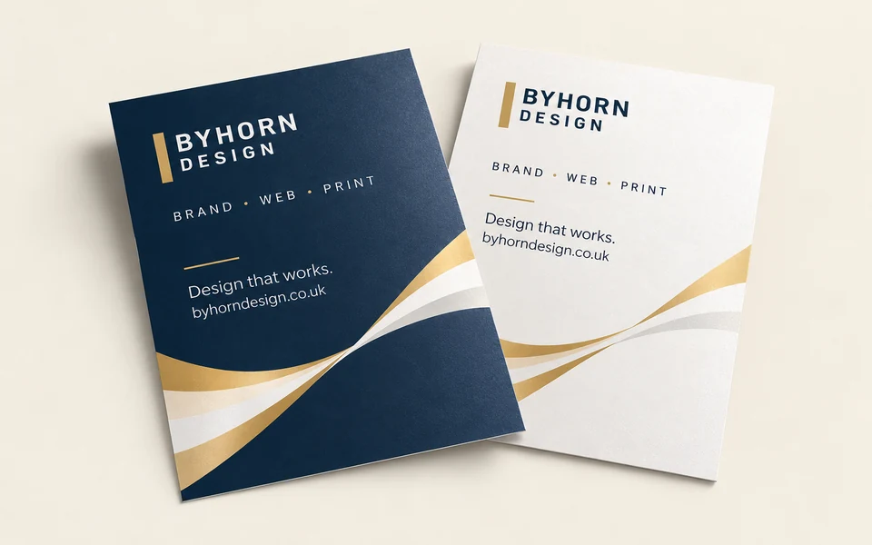 Illustrative Byhorn pearl flyers mockup on light cream; A5 · 300gsm Sirio Pearl Ice White · double-sided · no lamination