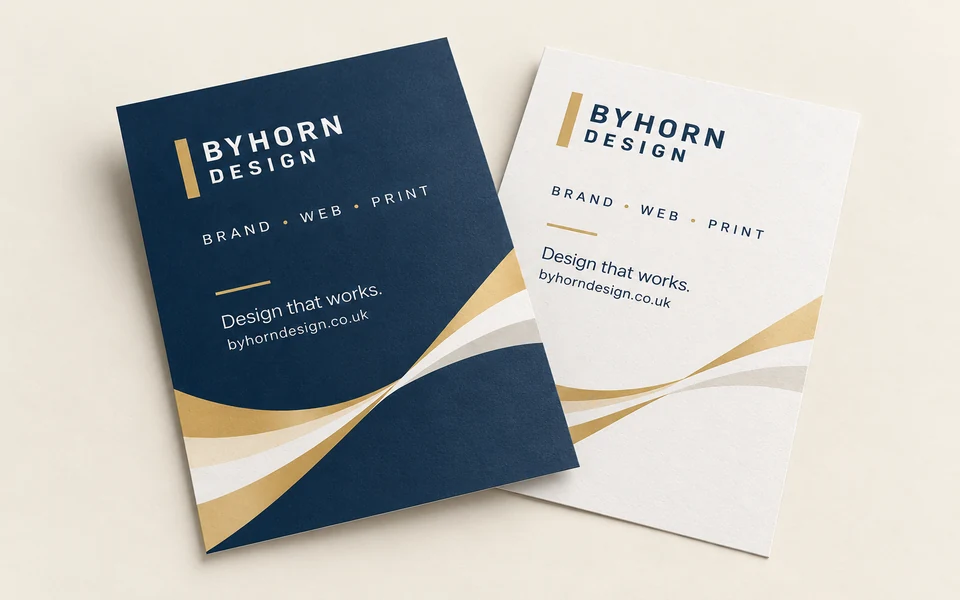 Illustrative Byhorn recycled flyers mockup on light cream; A5 · 350gsm recycled uncoated · double-sided · no lamination