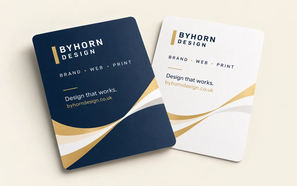 Illustrative Byhorn rounded-corner flyers mockup on light cream; A5 · 350gsm silk · double-sided · rounded corners · no lamination
