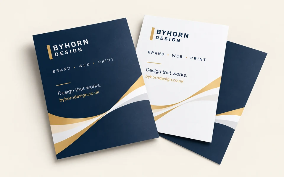 Illustrative Byhorn waterproof & tearproof flyers mockup on light cream; A5 · 300gsm Agfa Synaps OM synthetic · double-sided · no lamination