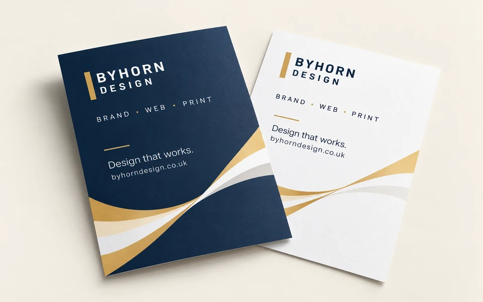 Illustrative Byhorn uncoated & textured flyers mockup on light cream; A5 · 170gsm white uncoated · double-sided · no lamination