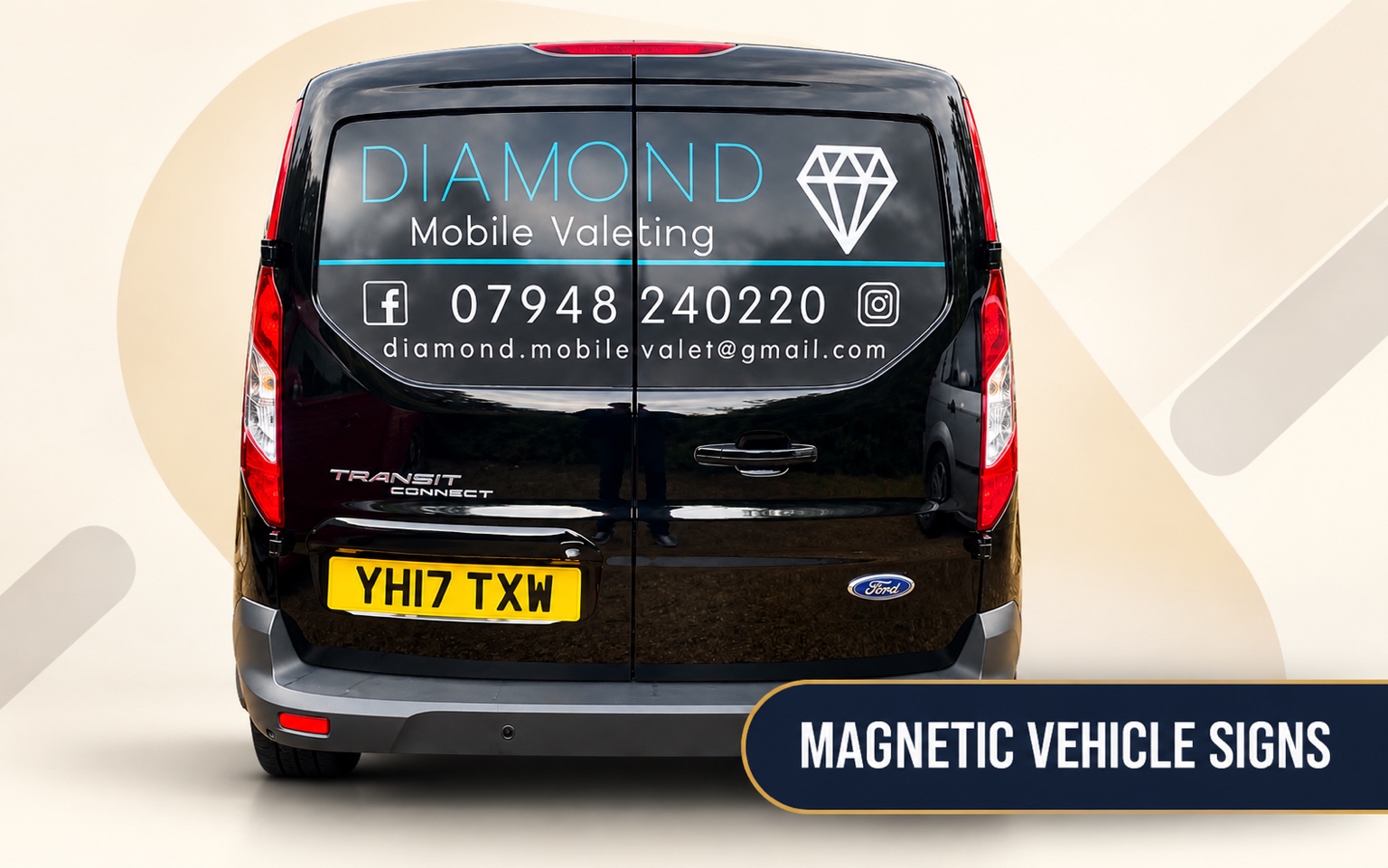 Approved Magnetic Vehicle Signs product presentation featuring Diamond Mobile Valeting magnetic rear-door signage