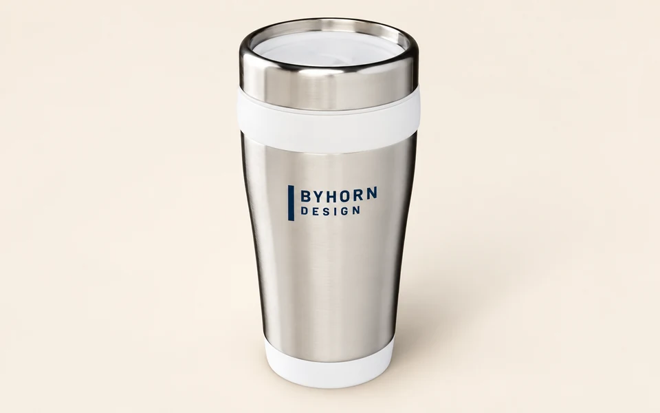 Illustrative Byhorn-branded Elwood 410ml silver and white travel tumbler on light cream; handle-free supplier shape