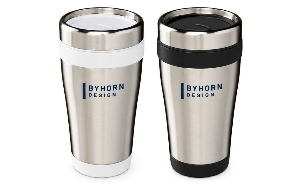 Illustrative Byhorn Elwood 410ml travel mugs in silver with white trim and silver with black trim; transparent product cutout