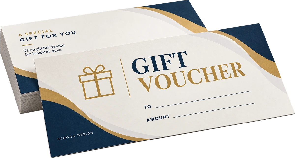 Printed gift vouchers — illustrative product example; specification below