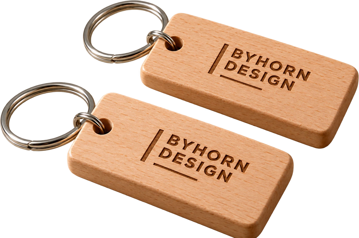 Engraved wooden key tags — illustrative product example; specification below